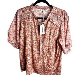 Lucky Brand Paisley Floral Top Size Large Tie Neck Ruffle Detail Boho NEW